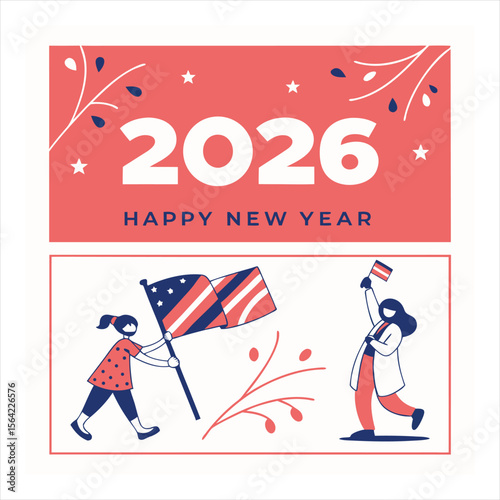 Two people celebrate the arrival of the new year 2026 with a banner
