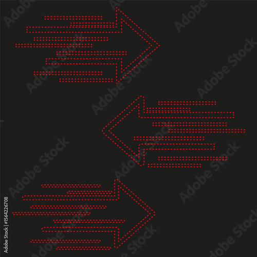Red arrow icons. Dotted motion symbol. Dark contrast Vector. Strong speed graphic