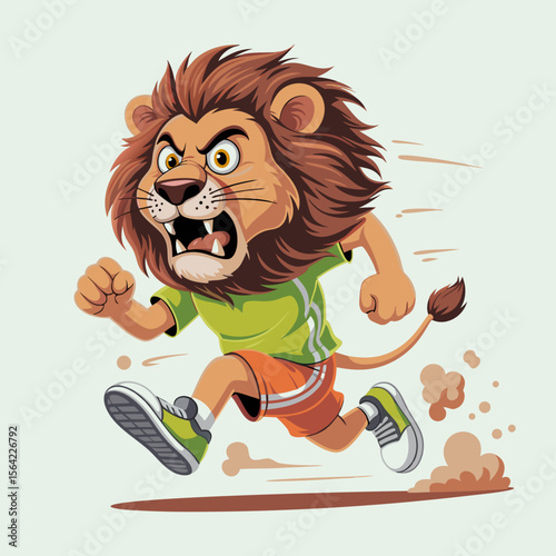 Funny cartoon lion runner in sports attire sprinting comically, suitable for sportsthemed designs, memes, childrens products, and humorous content creation.