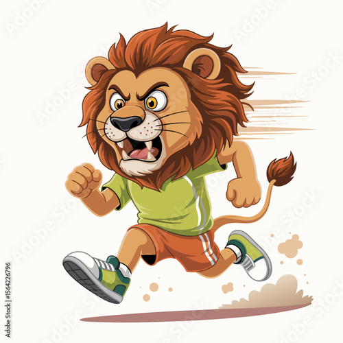 Funny cartoon lion runner in sports attire sprinting comically, suitable for sportsthemed designs, memes, childrens products, and humorous content creation.