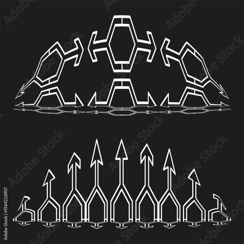 Rocket lineup silhouette. Symmetric missile array. Military formation Vector. On black background.