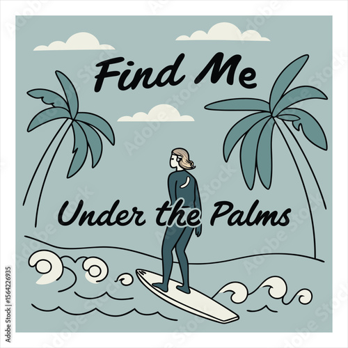 Surfer girl in wetsuit standing between palm trees on a beach with waves