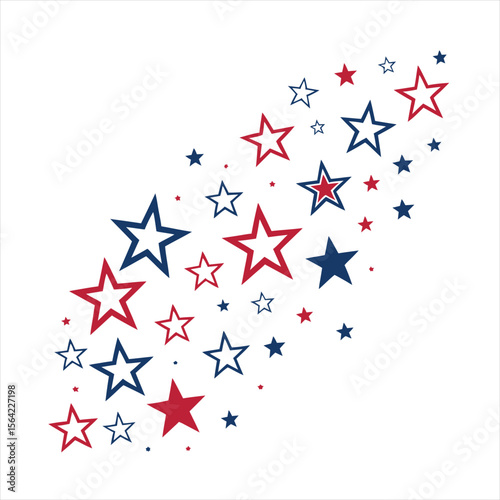 Scattered red, whit,e and blue stars on a white background with reflections