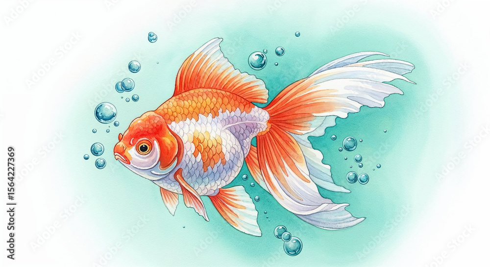 Naklejka premium Goldfish swimming in turquoise water with bubbles
