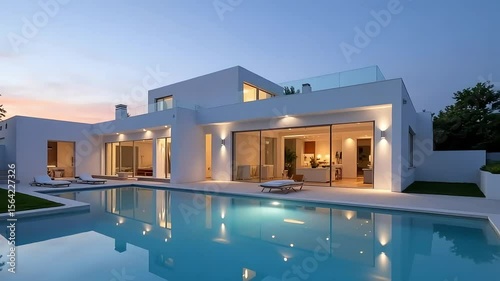 Modern home showcasing stunning architecture and a luxurious swimming pool at twilight
