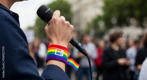 Activist speaking to crowd with rainbow bracelet and flag at gay pride parade