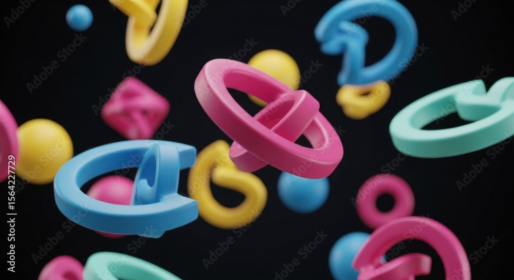 Fototapeta premium Abstract Background with Colorful 3D Geometric Shapes and Rings Floating on Black