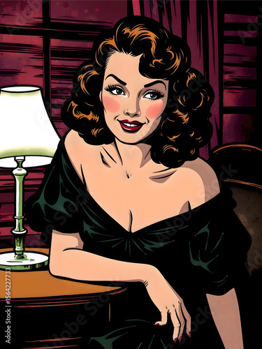 Cinematic Noir Portrait Of A Femme Fatale With Vintage Curls And Bold Red Lips Lit By A Single Desk Lamp.