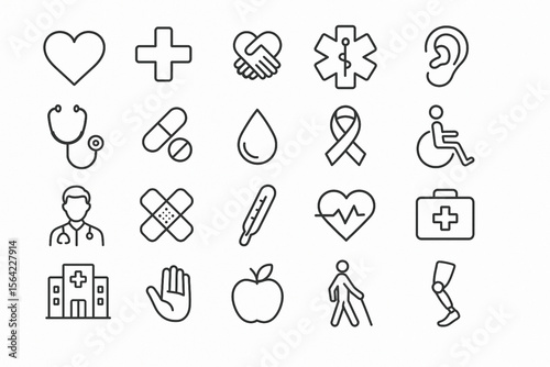 Health and Accessibility Line Icons Set with Medical and Wellness Symbols Outline Style