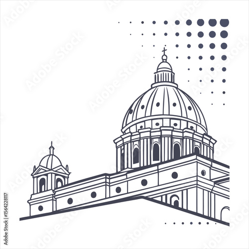 Architectural illustration of a grand dome building with a modern dot pattern overlay