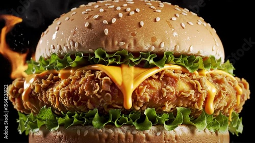 Close up view of a delicious looking chicken burger with cheese and lettuce on a sesame seed bun