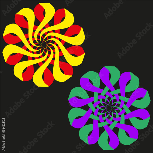 Polychromatic swirling ornament. Luminescent scarlet swirl. Emerald amethystine Vector. Celestial nocturnal composition.