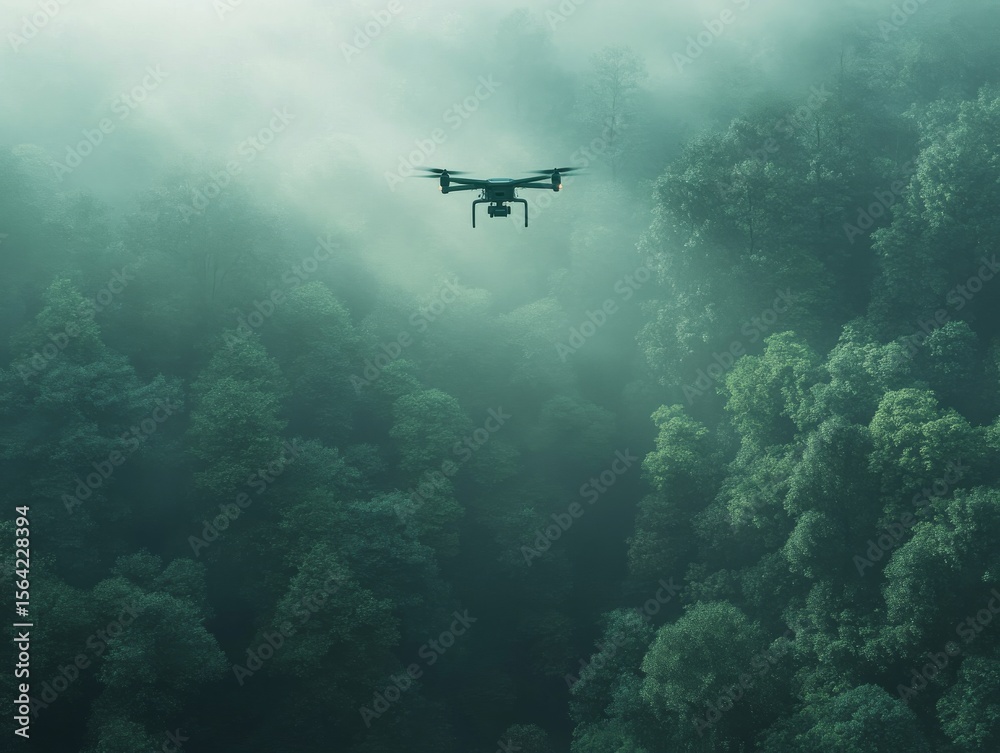 Fototapeta premium Aerial surveillance drone safeguarding natural forest reserve with ai technology