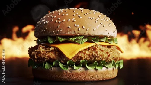 A close up of a chicken burger with cheese and lettuce against a fiery background display of flames