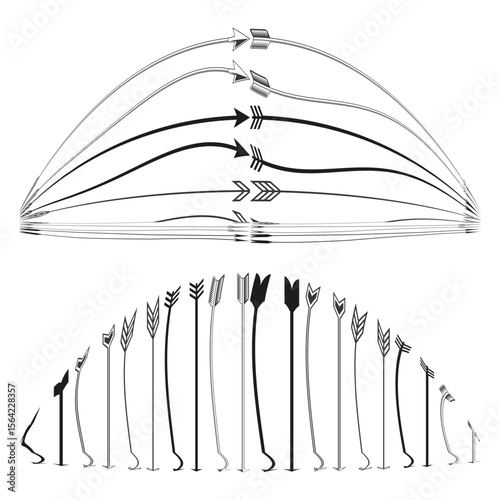 Radial arrow network. Curved connector Vector. Converging flow pattern. Dynamic guidance design.