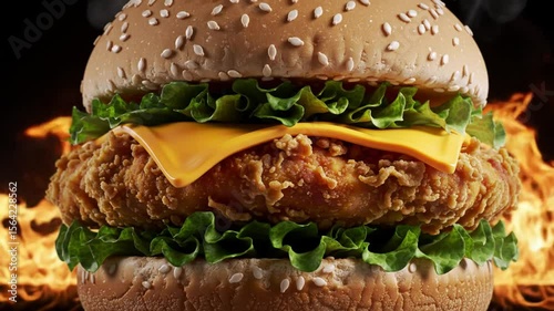 A close up of a chicken burger with cheese and lettuce on a sesame seed bun against a fiery background