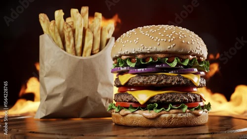 A double cheeseburger with sesame seed bun and fries in a bag on a wooden table with fire behind