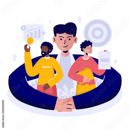 Flat vector illustration of business collaboration with share ideas and agreement contract