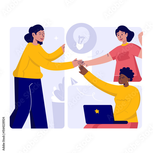 Women online teamwork with put their hands together vector illustration