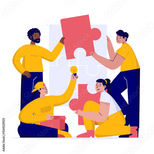 Group of people collaborating by putting puzzle pieces together for teamwork, solution building, and creative collaboration concept flat vector illustration