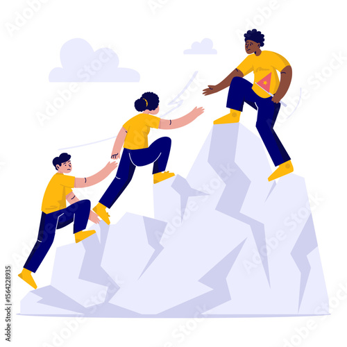 Group of people climbing a mountain together with helping each other to reach the top for teamwork collaboration concept flat vector illustration