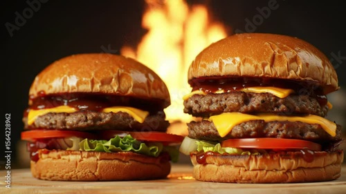 Close up of two delicious burgers with cheese tomatoes lettuce and sauce in front of fire flames