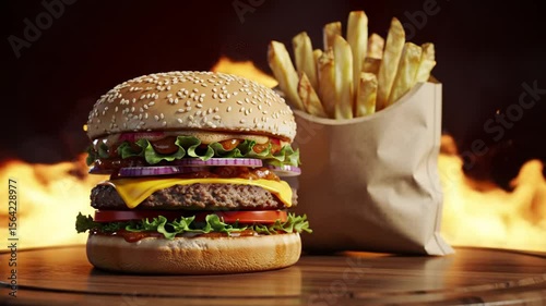 A delicious burger with sesame seed bun and fries against a fiery background on wooden table