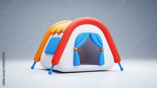 A stylized cartoon tent with orange and blue accents on a white surface against a gray backdrop