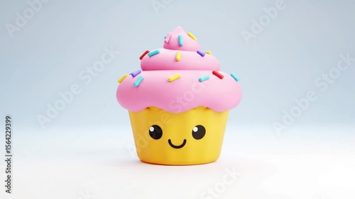 A cute cartoon cupcake with pink frosting and colorful sprinkles on a white and light blue background