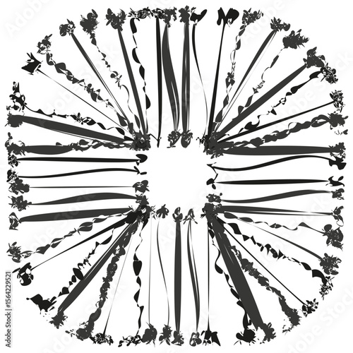 Abstract radial ornament. Cataclysmic burst symbol. Grungiest brushstroke Vector. Monochromatic geometrical composition.