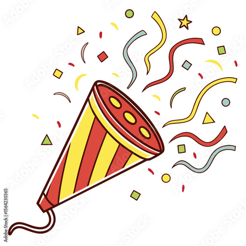 Red yellow striped party popper exploding confetti streamers celebration festive