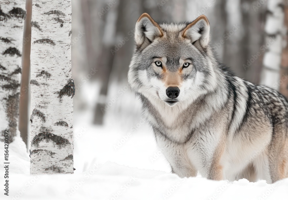 Naklejka premium close-up of a wolf standing attentively in a snowy birch forest with dense fur and piercing eyes
