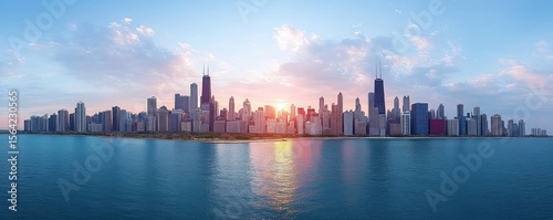 Panoramic city skyline at sunset with high-rise buildings reflecting on calm water under a partly cloudy sky