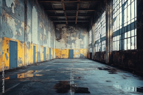 Empty industrial warehouse interior with large windows, peeling yellow and gray walls, and wet concrete floor reflecting light, evoking abandonment and decay