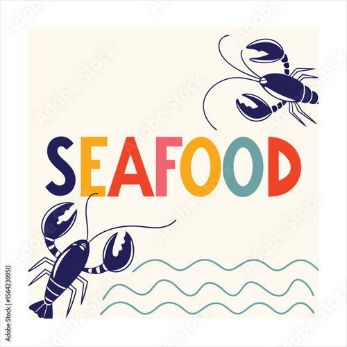 Stylized illustration of two colorful shrimp with the word seafood above them