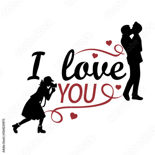 Couple kissing silhouette with photographer and hearts love