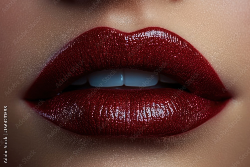 Fototapeta premium Close-up of glossy dark red lipstick on well-defined lips with slightly visible white teeth and smooth skin texture
