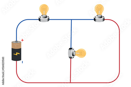 Series and parallel electrical circuits. Parallel circuit, Series circuit, basic electric circuits experiment vector. Kirchhoff voltage law. series and parallel circuits with Batter and light bulb