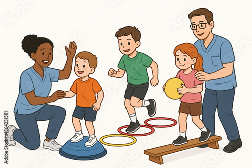 Caring Medical Professionals Helping Children with Physical Therapy Through Fun Activities Illustration
