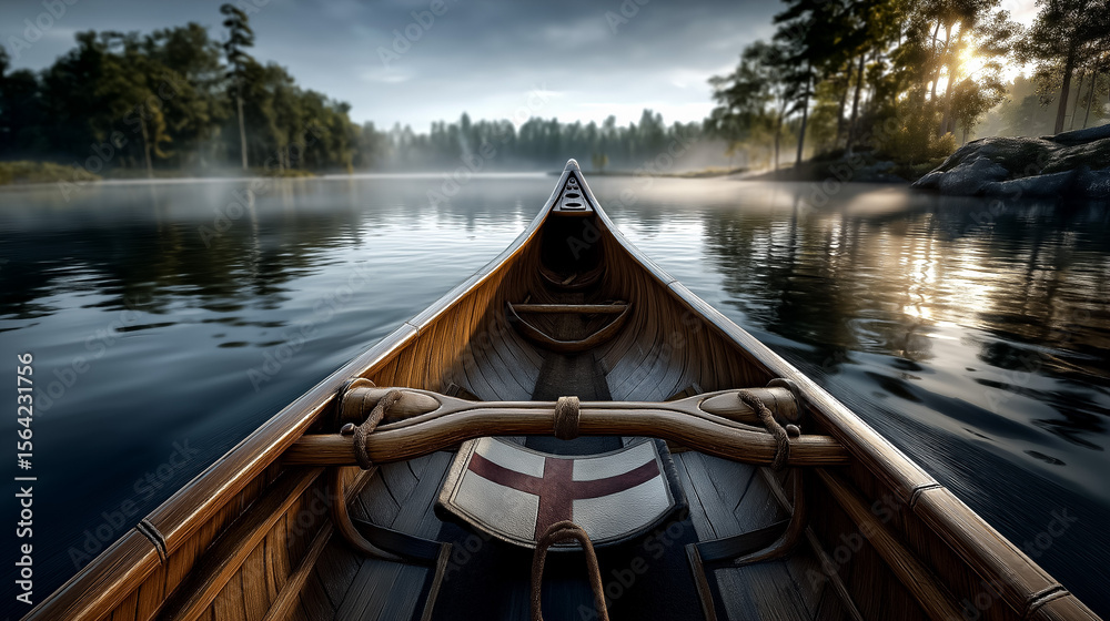 Obraz premium Canoe Glides on Misty Lake, Flag Motif