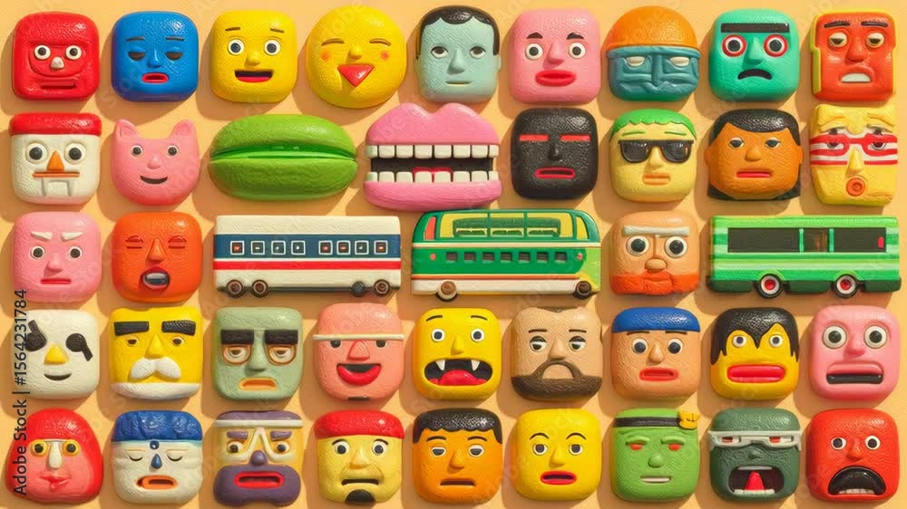 Many colorful emoji faces with various expressions and talking animations