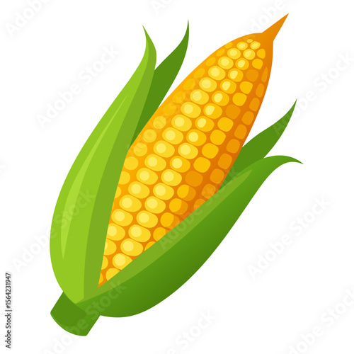 Yellow corn cob with green leaves kernels