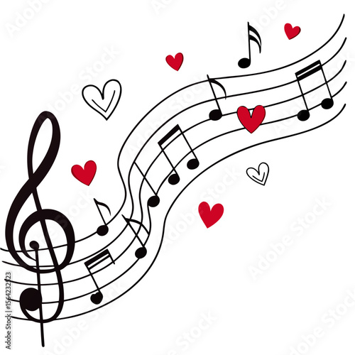 Musical notes and hearts on white background treble clef musical staff