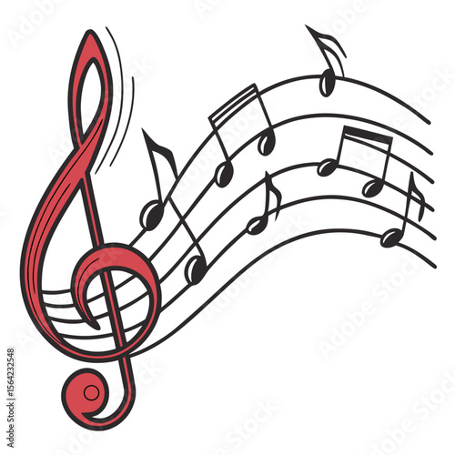 Red treble clef and black musical notes on staff lines melody