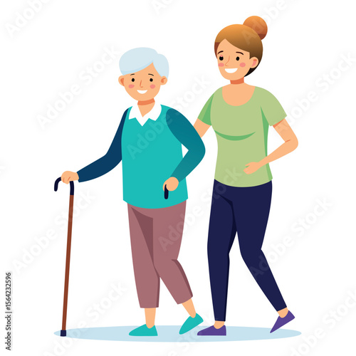 A caring young woman assists an elderly man with a walking cane during a walk