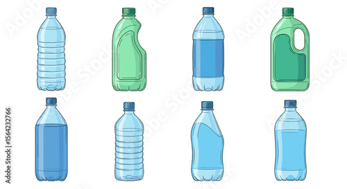Assorted plastic bottles for water and cleaning products