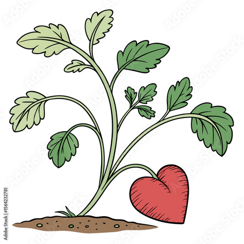Red heart growing from plant with green leaves growth love