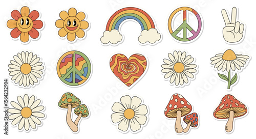 Retro hippie stickers groovy flower power peace sign set