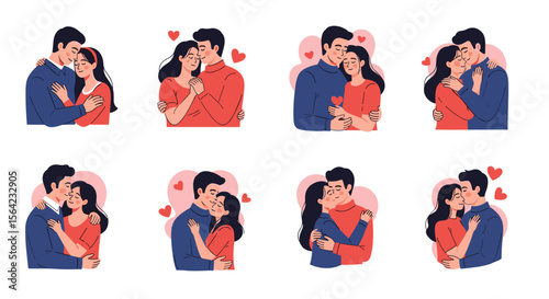 Romantic couples hugging and kissing vector illustration