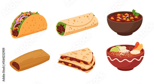 Delicious mexican food taco burrito and quesadilla vector